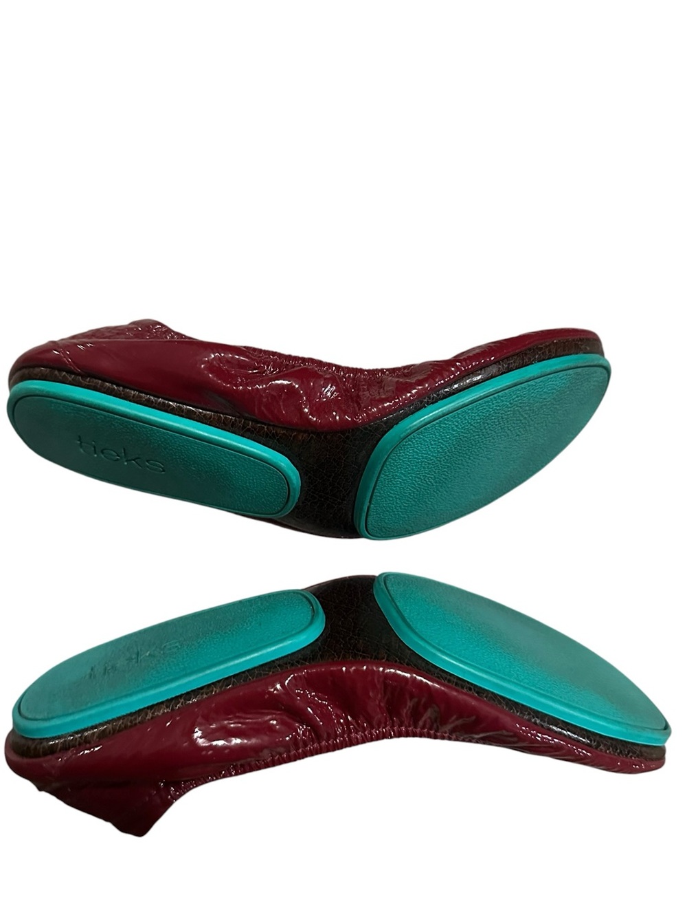 Tieks Women's Burgundy Patent Leather Ballet Flats with Teal Tab size 7 - Picture 5 of 7